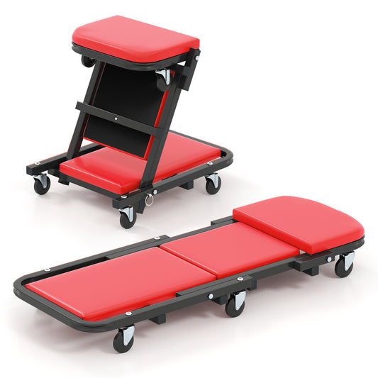 2-in-1 Folding Low Profile Mechanic Creeper with Padded Seat and 6 Wheels-RE, Red
