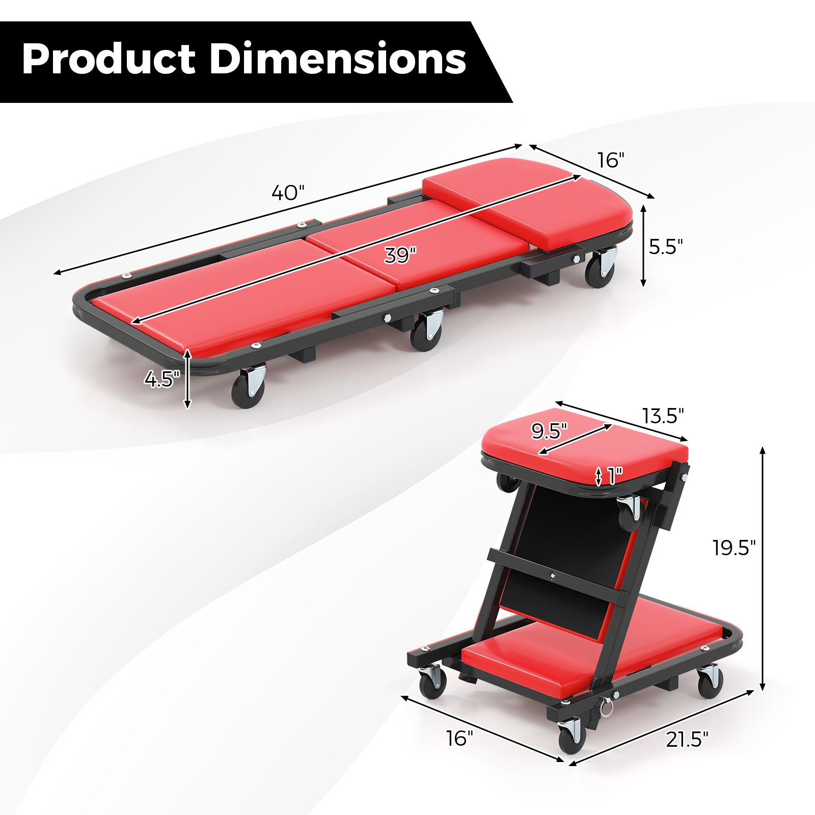 2-in-1 Folding Low Profile Mechanic Creeper with Padded Seat and 6 Wheels-RE, Red Garages at Gallery Canada