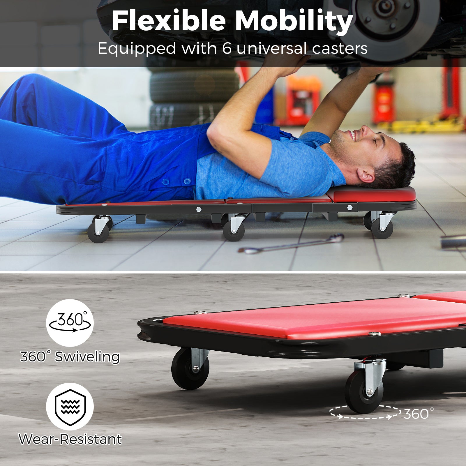 2-in-1 Folding Low Profile Mechanic Creeper with Padded Seat and 6 Wheels-RE, Red Garages at Gallery Canada