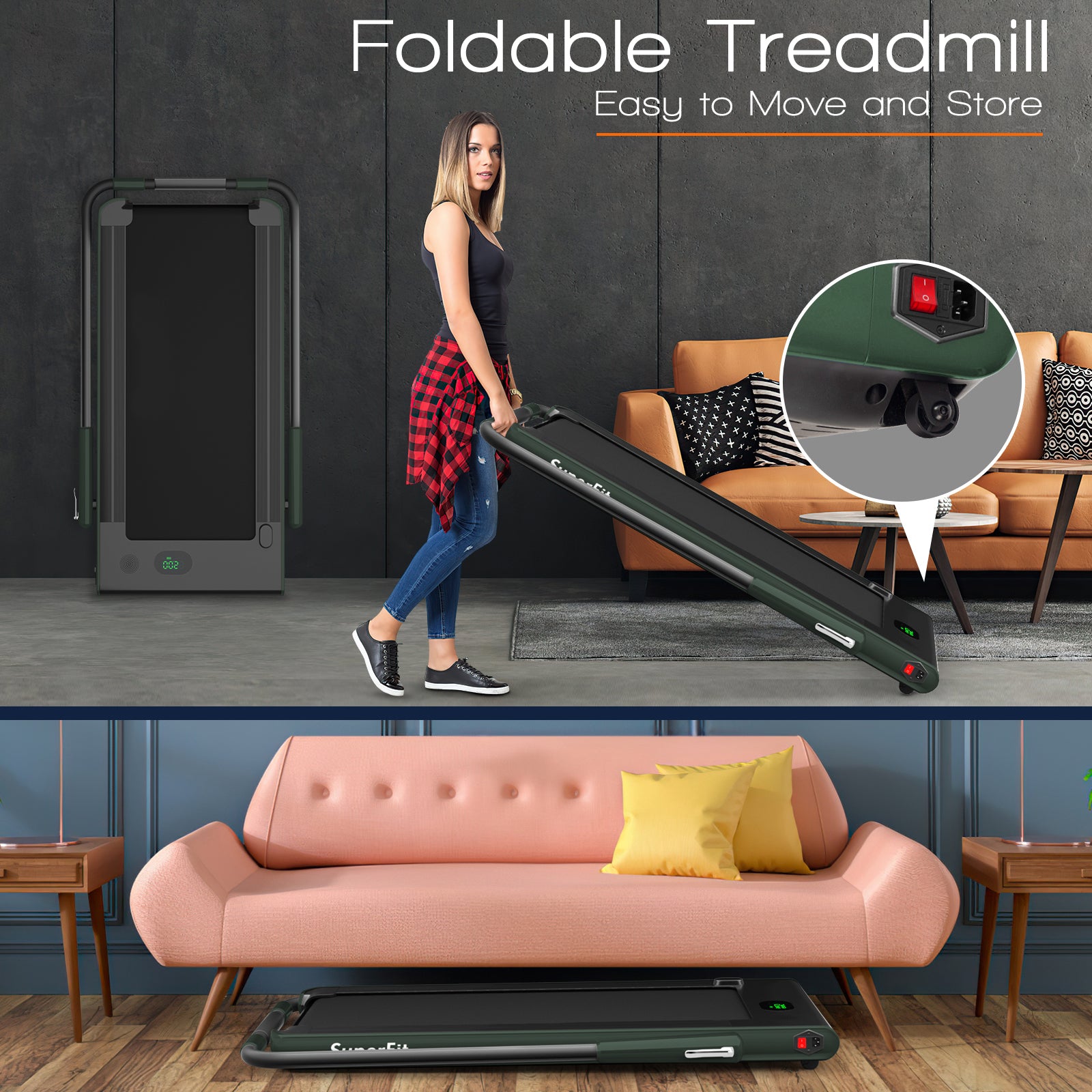 2-in-1 Folding Treadmill with Remote Control and LED Display, Green Treadmills at Gallery Canada