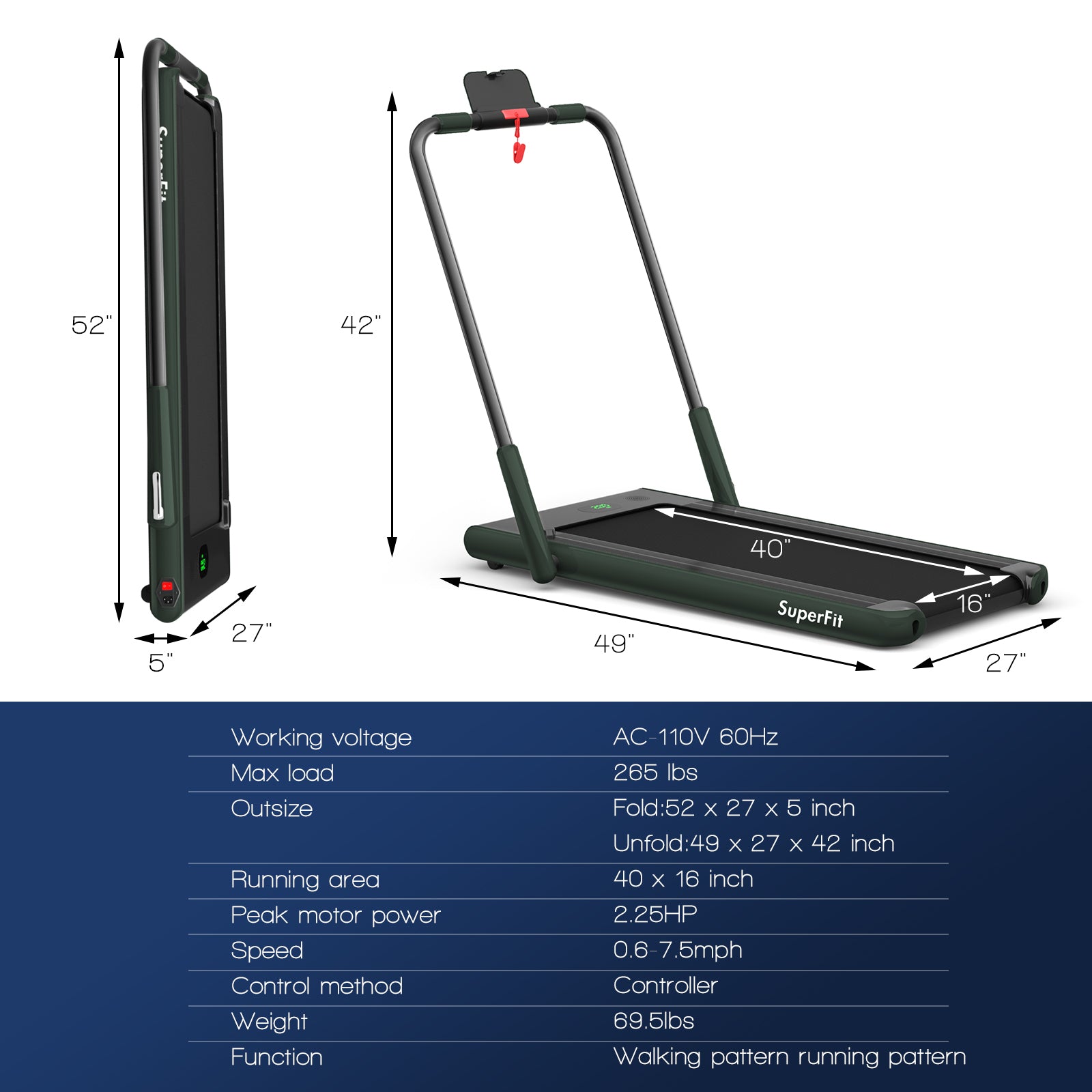2-in-1 Folding Treadmill with Remote Control and LED Display, Green Treadmills at Gallery Canada