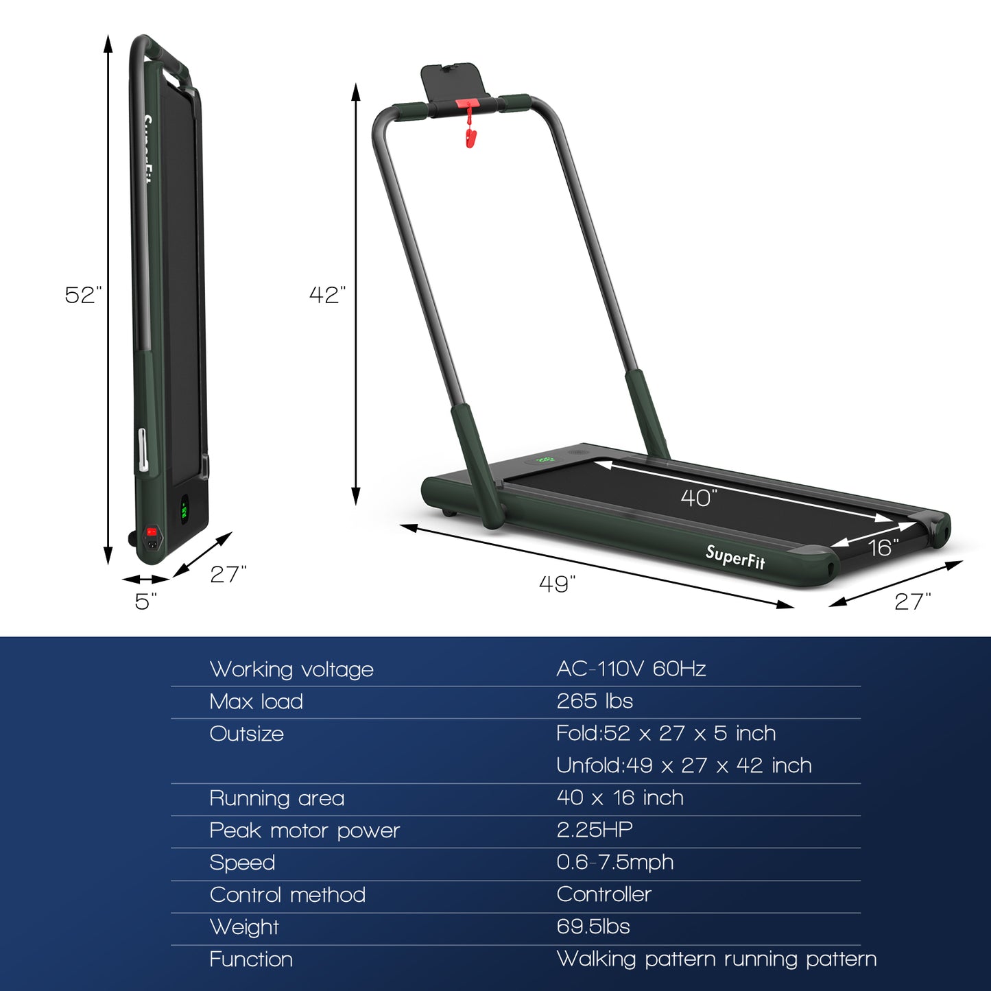 2-in-1 Folding Treadmill with Remote Control and LED Display, Green Treadmills at Gallery Canada