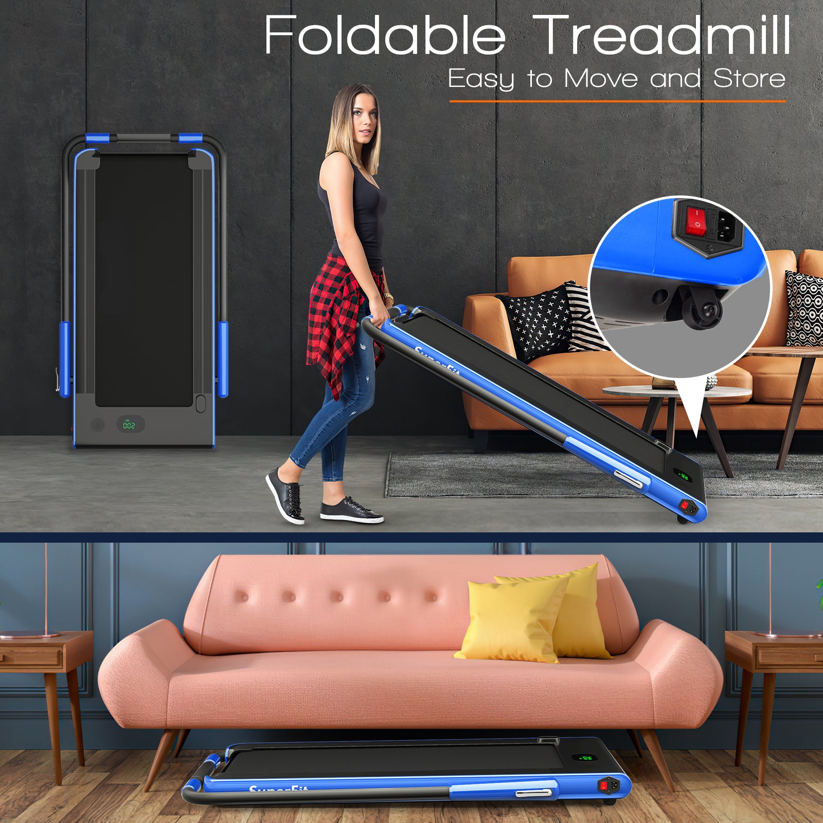 2-in-1 Folding Treadmill with Remote Control and LED Display, Blue Treadmills at Gallery Canada