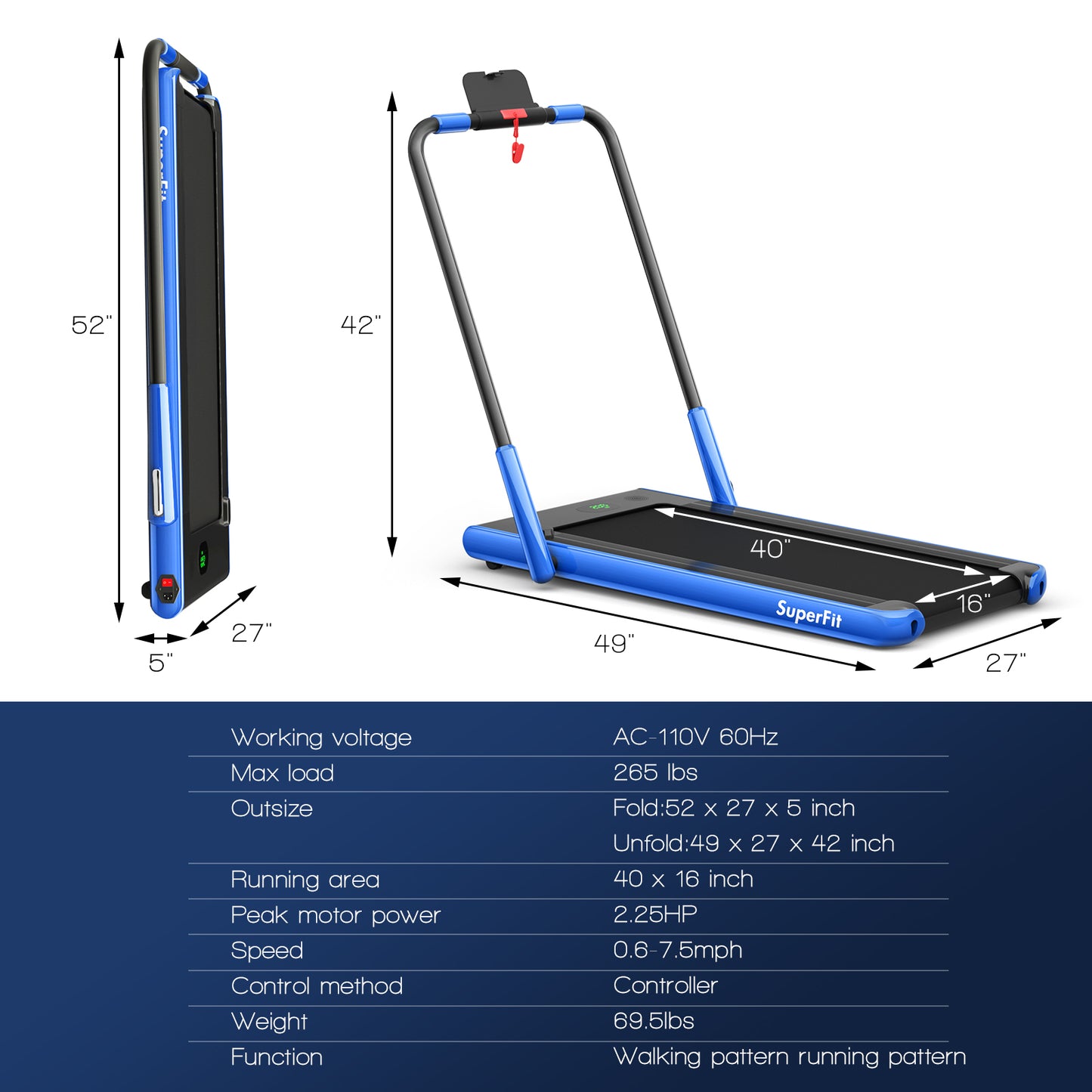 2-in-1 Folding Treadmill with Remote Control and LED Display, Blue Treadmills at Gallery Canada