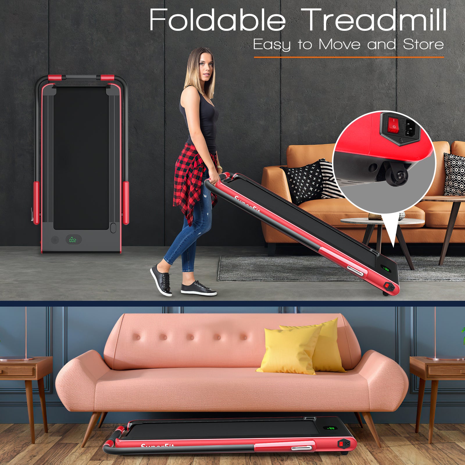 2-in-1 Folding Treadmill with Remote Control and LED Display, Red Treadmills at Gallery Canada