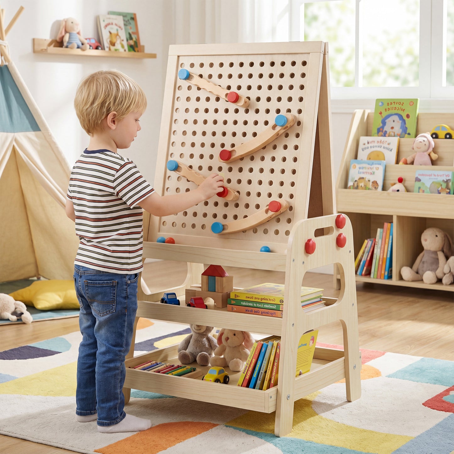 2-in-1 Kids Art Easel with Magnetic Whiteboard and Marble Run Game, Natural