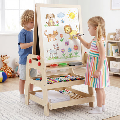 2-in-1 Kids Art Easel with Magnetic Whiteboard and Marble Run Game, Natural