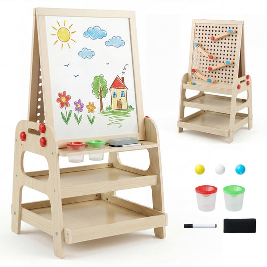 2-in-1 Kids Art Easel with Magnetic Whiteboard and Marble Run Game, Natural Art Easels Natural at Gallery Canada