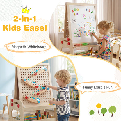 2-in-1 Kids Art Easel with Magnetic Whiteboard and Marble Run Game, Natural