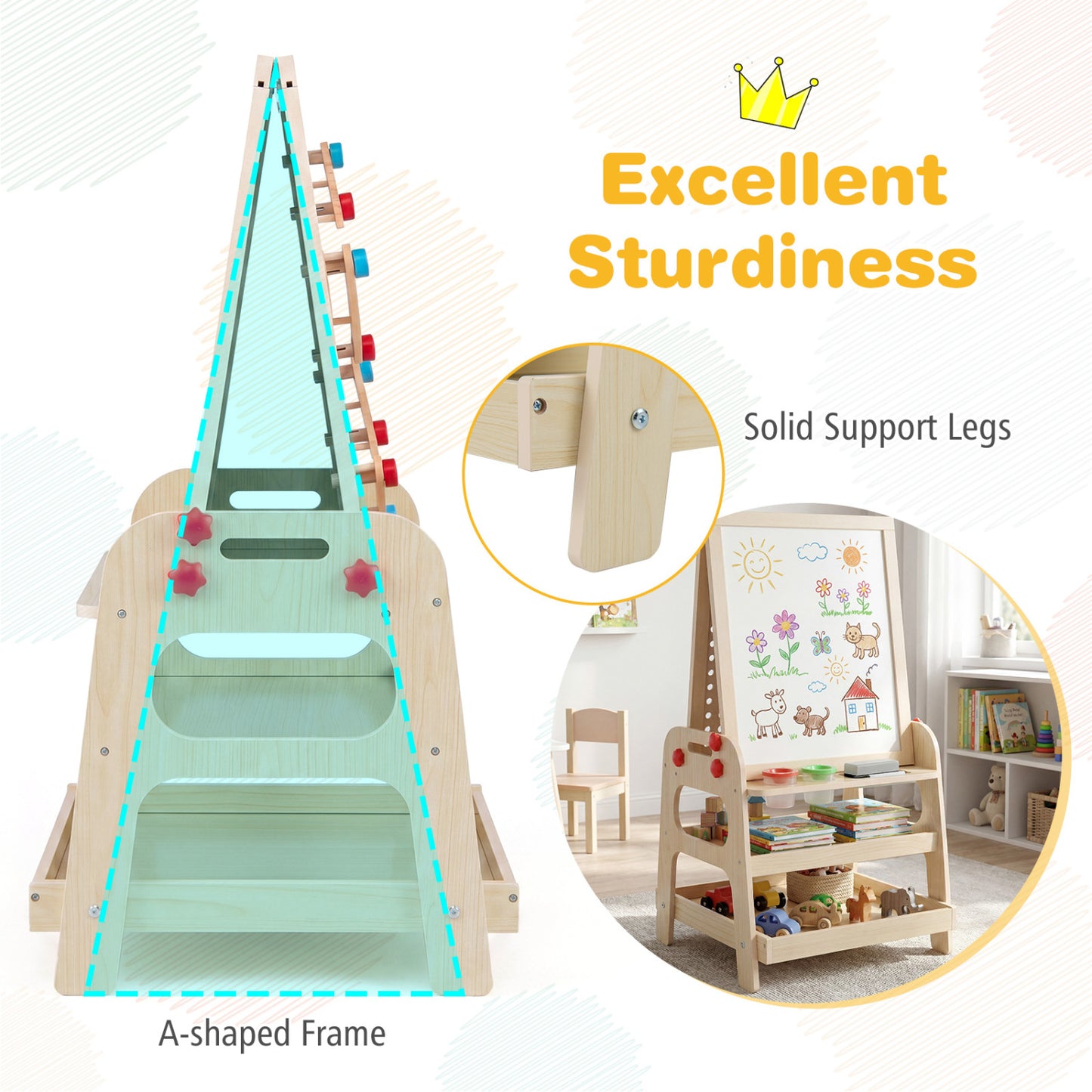 2-in-1 Kids Art Easel with Magnetic Whiteboard and Marble Run Game, Natural