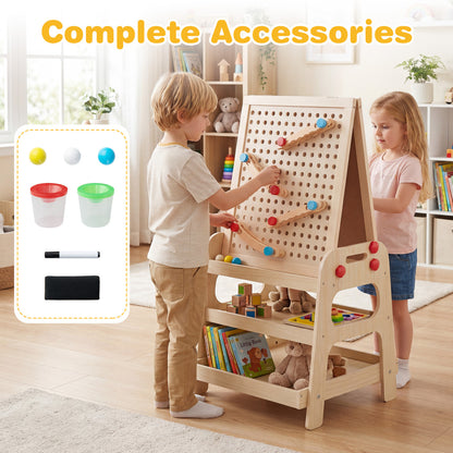 2-in-1 Kids Art Easel with Magnetic Whiteboard and Marble Run Game, Natural