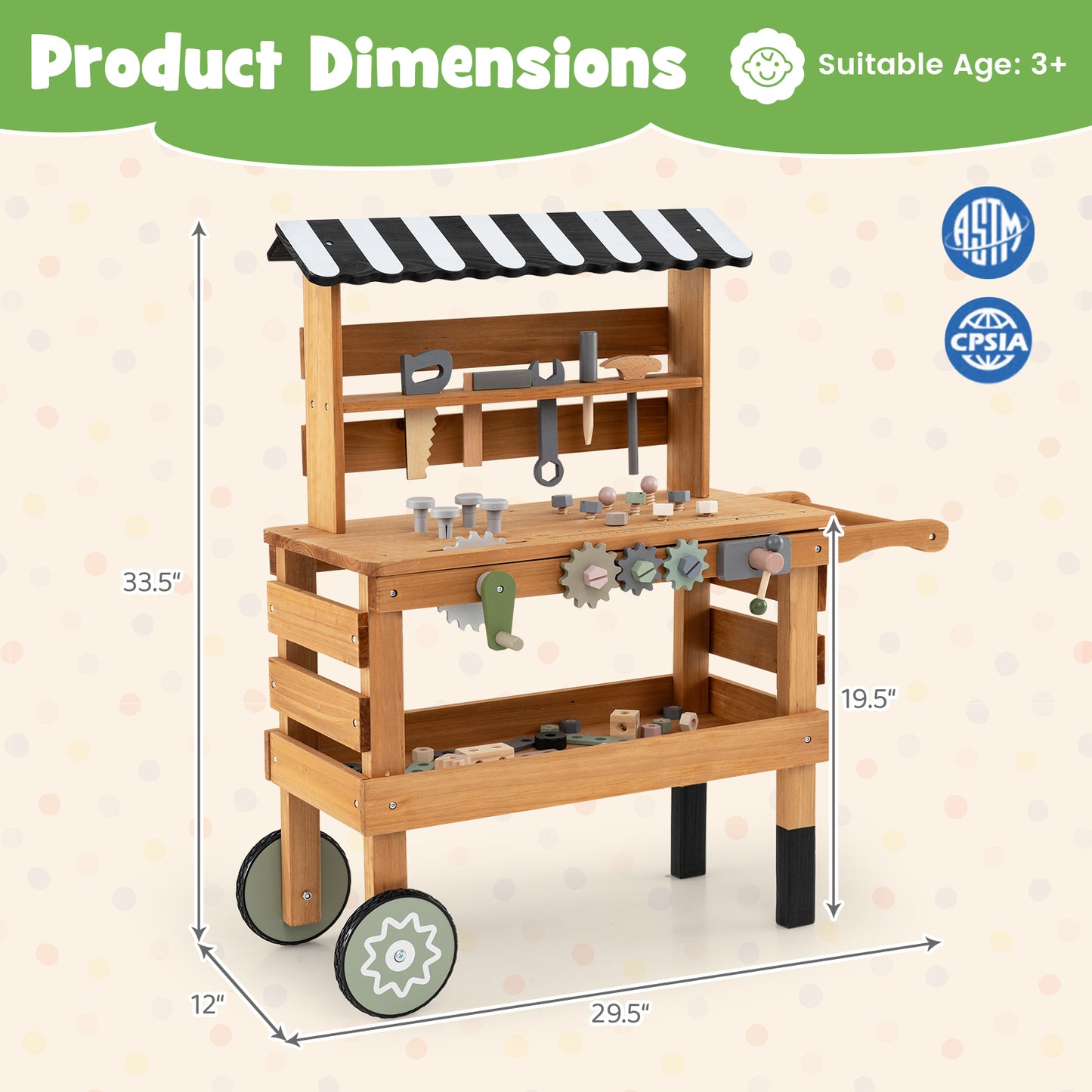 2-in-1 Kids Rolling Cart with Play Tools Set for Construction Play-BN, Brown