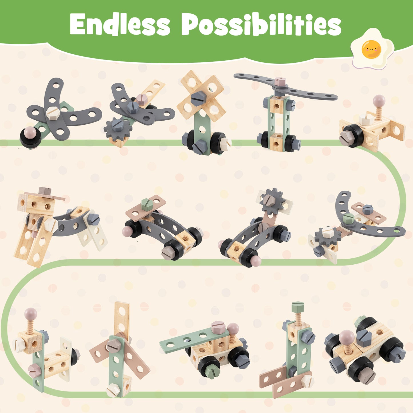 2-in-1 Kids Rolling Cart with Play Tools Set for Construction Play-BN, Brown