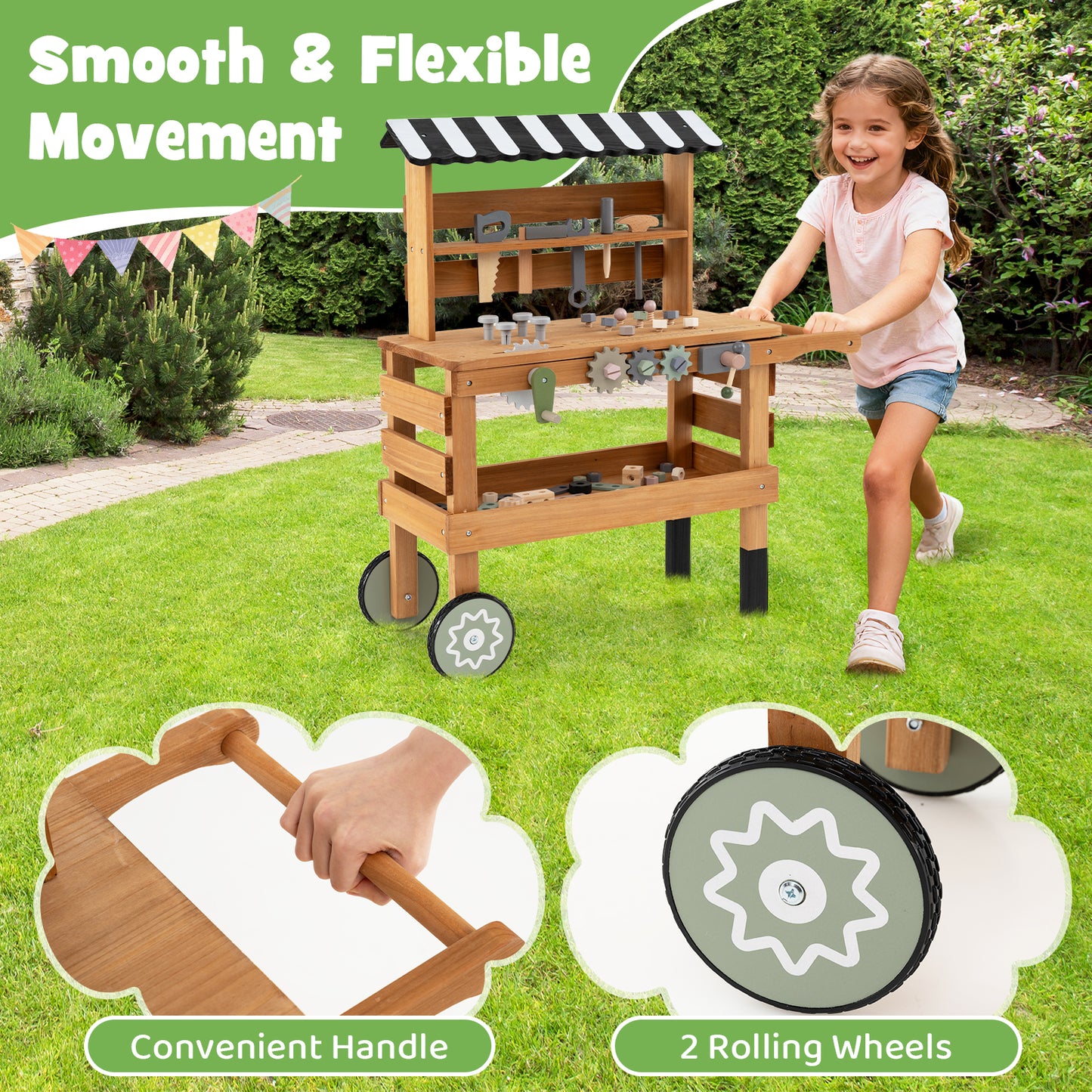 2-in-1 Kids Rolling Cart with Play Tools Set for Construction Play-BN, Brown