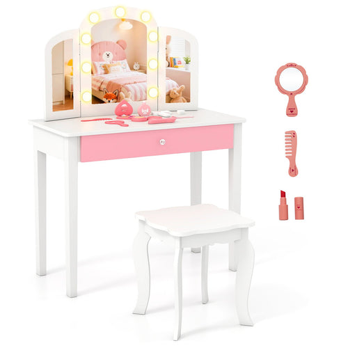 2-in-1 Kids Vanity Table Set with Tri-Folding Detachable Mirror and Lights, White