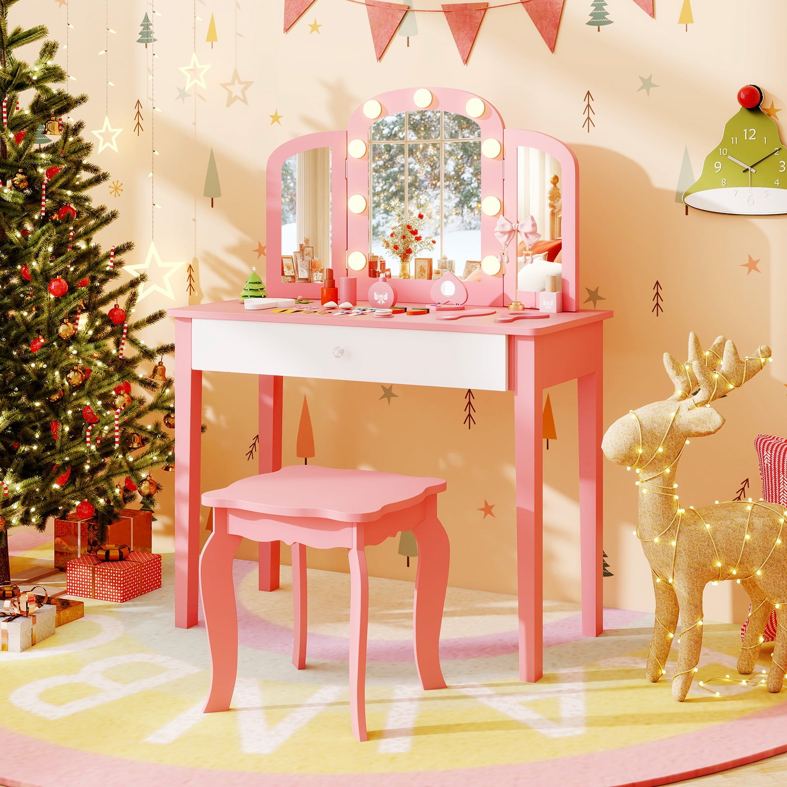 Kids Vanity Table Set, Tri-Folding Mirror With Lights, Pink Kids Vanities at Gallery Canada