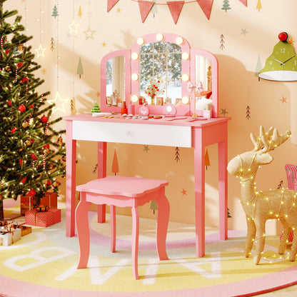 Kids Vanity Table Set, Tri-Folding Mirror With Lights, Pink Kids Vanities at Gallery Canada