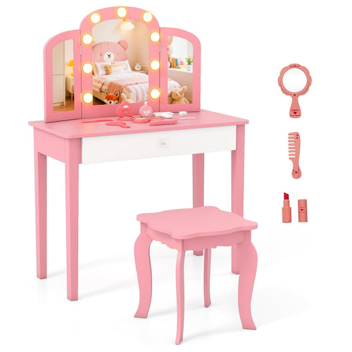 Kids Vanity Table Set, Tri-Folding Mirror With Lights, Pink