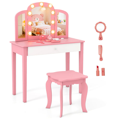 Kids Vanity Table Set, Tri-Folding Mirror With Lights, Pink