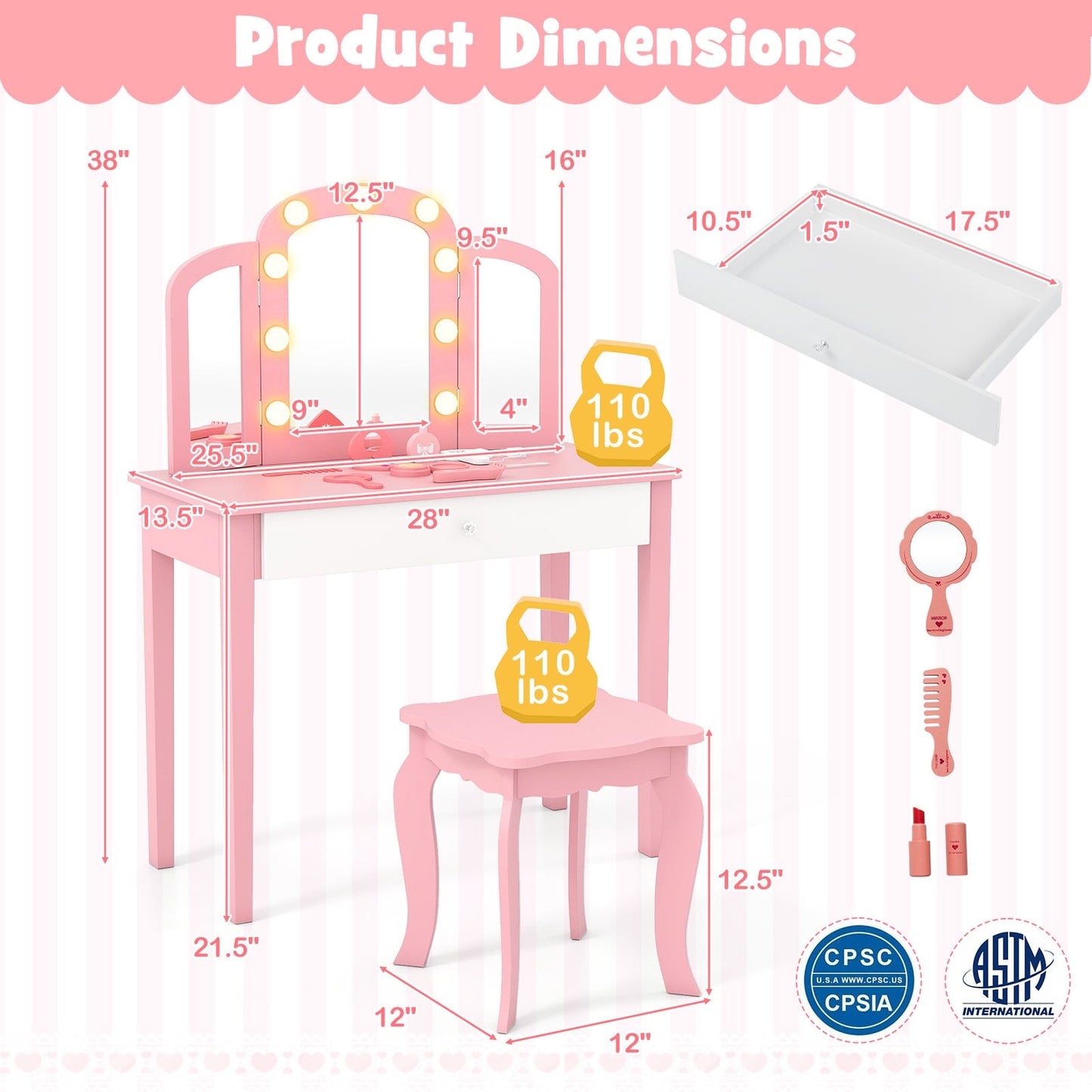 Kids Vanity Table Set, Tri-Folding Mirror With Lights, Pink Kids Vanities at Gallery Canada