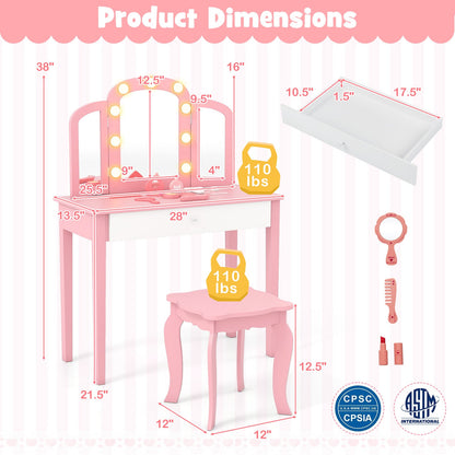 Kids Vanity Table Set, Tri-Folding Mirror With Lights, Pink Kids Vanities at Gallery Canada