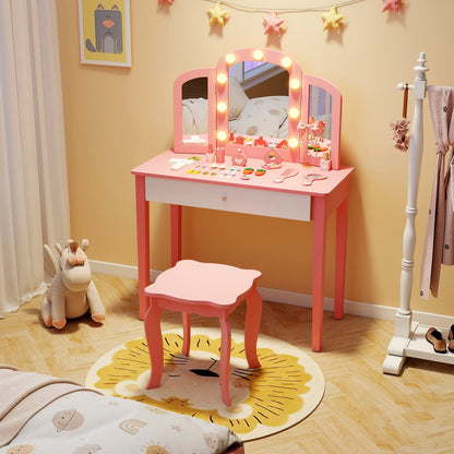 Kids Vanity Table Set, Tri-Folding Mirror With Lights, Pink Kids Vanities at Gallery Canada