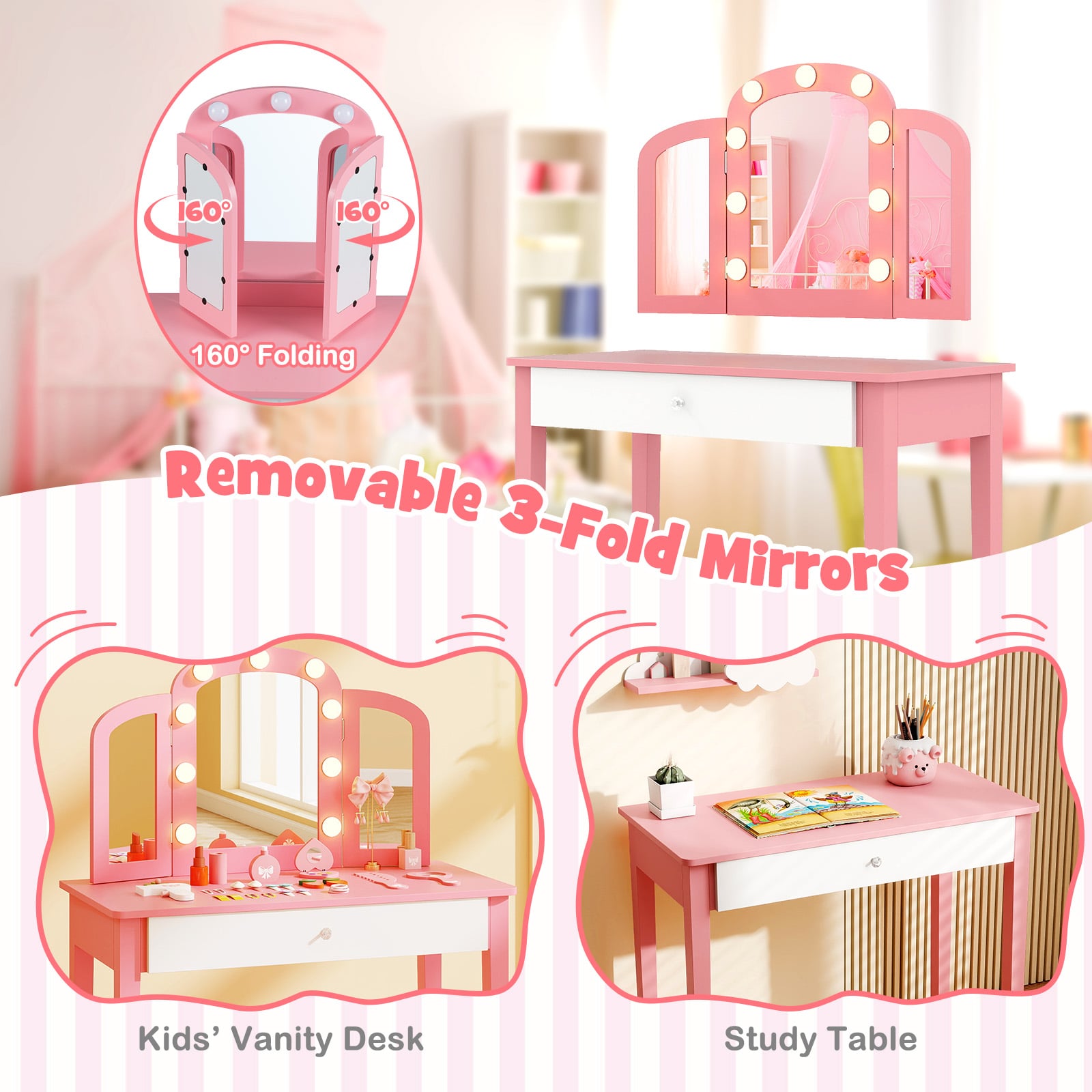 Kids Vanity Table Set, Tri-Folding Mirror With Lights, Pink Kids Vanities at Gallery Canada
