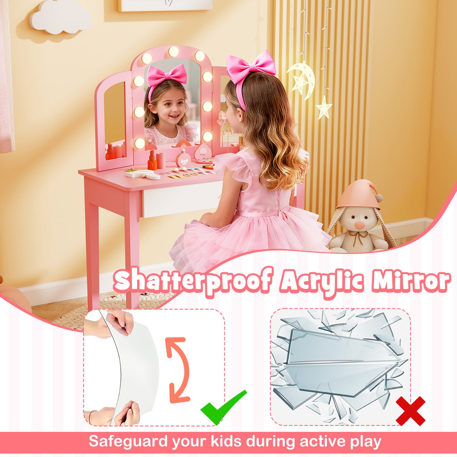 Kids Vanity Table Set, Tri-Folding Mirror With Lights, Pink Kids Vanities at Gallery Canada