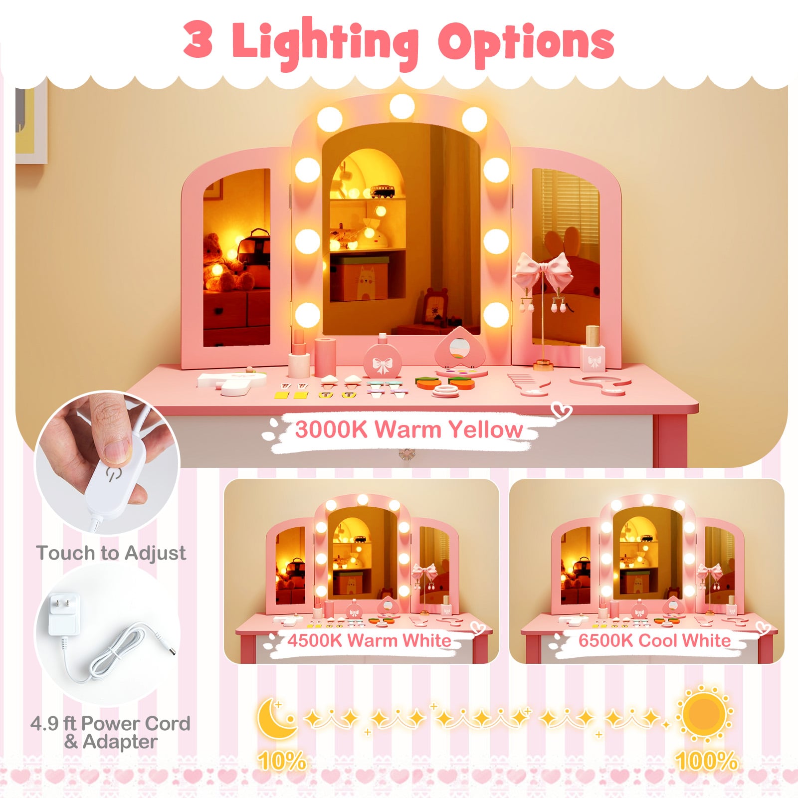 Kids Vanity Table Set, Tri-Folding Mirror With Lights, Pink Kids Vanities at Gallery Canada