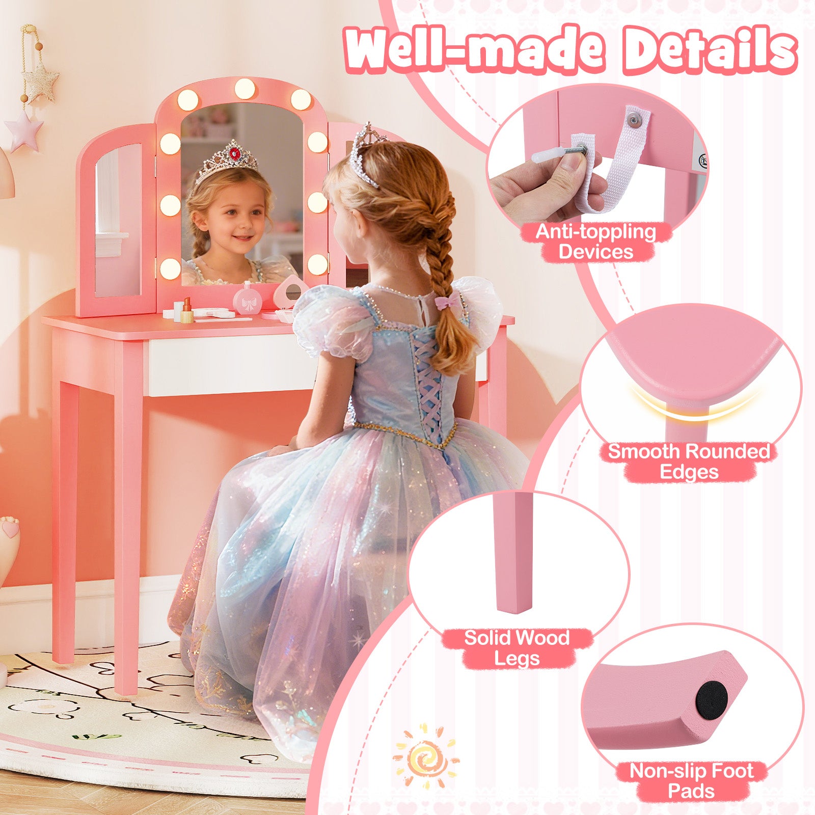 Kids Vanity Table Set, Tri-Folding Mirror With Lights, Pink Kids Vanities at Gallery Canada