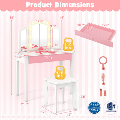 Kids Vanity Table Set With Tri-Folding Mirror, Lights, White Kids Vanities at Gallery Canada
