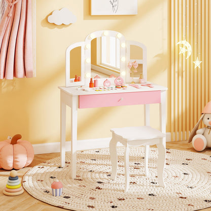 Kids Vanity Table Set With Tri-Folding Mirror, Lights, White Kids Vanities at Gallery Canada
