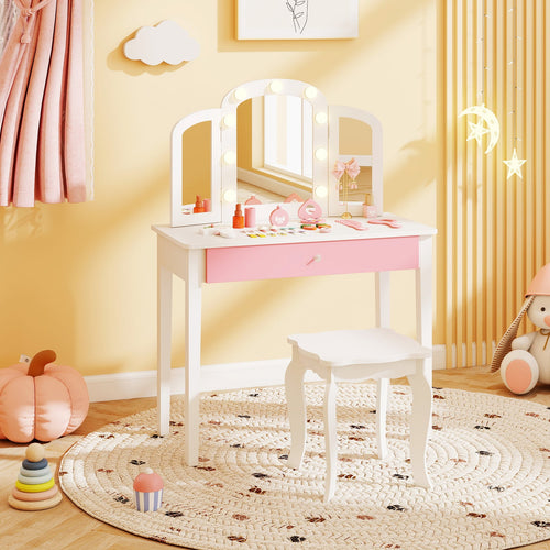 Kids Vanity Table Set With Tri-Folding Mirror, Lights, White