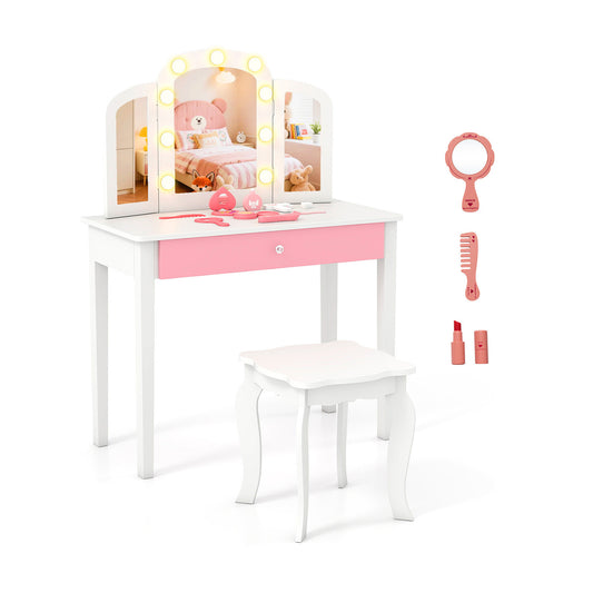 Kids Vanity Table Set With Tri-Folding Mirror, Lights, White
