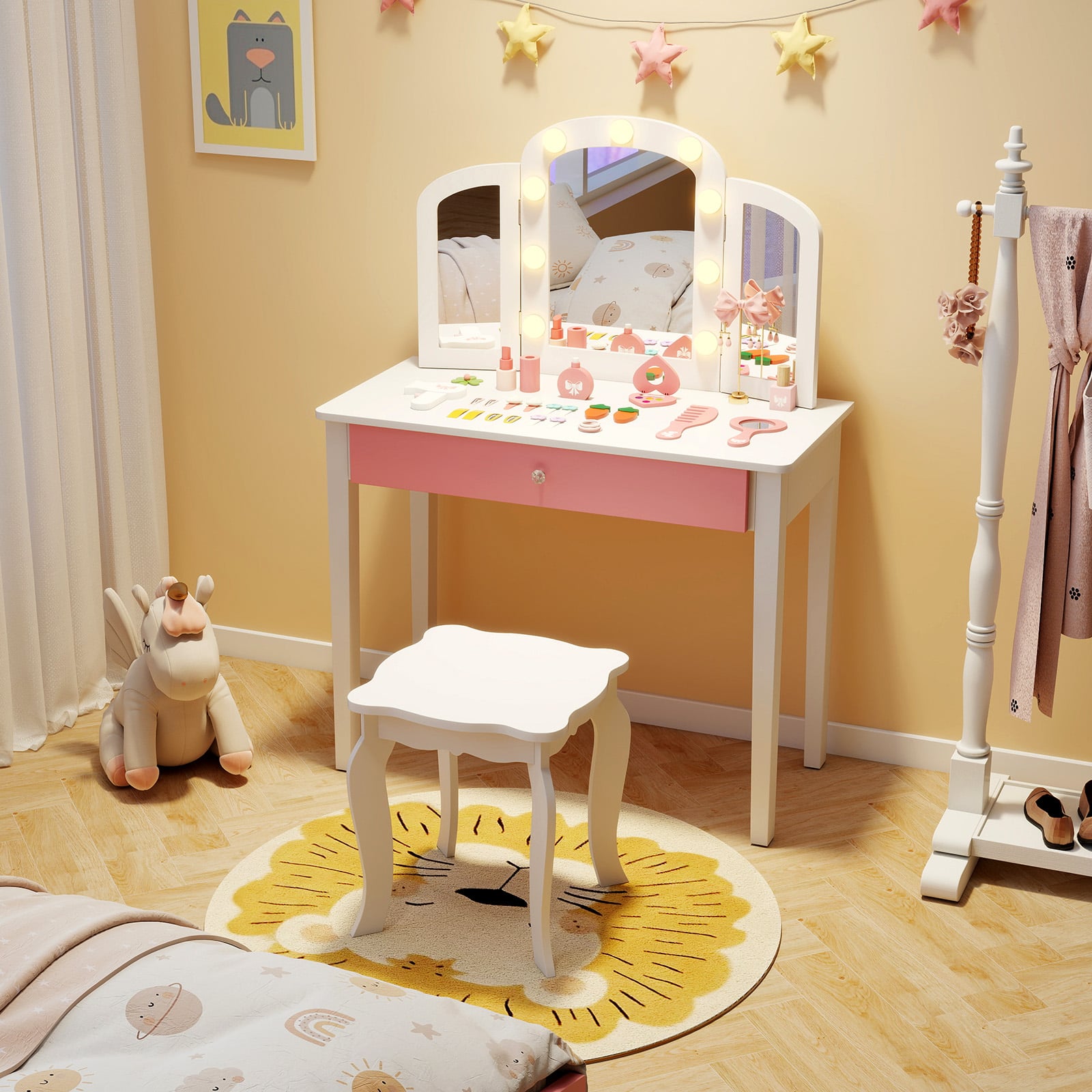 Kids Vanity Table Set With Tri-Folding Mirror, Lights, White Kids Vanities at Gallery Canada