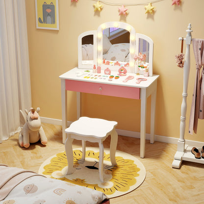 Kids Vanity Table Set With Tri-Folding Mirror, Lights, White Kids Vanities at Gallery Canada