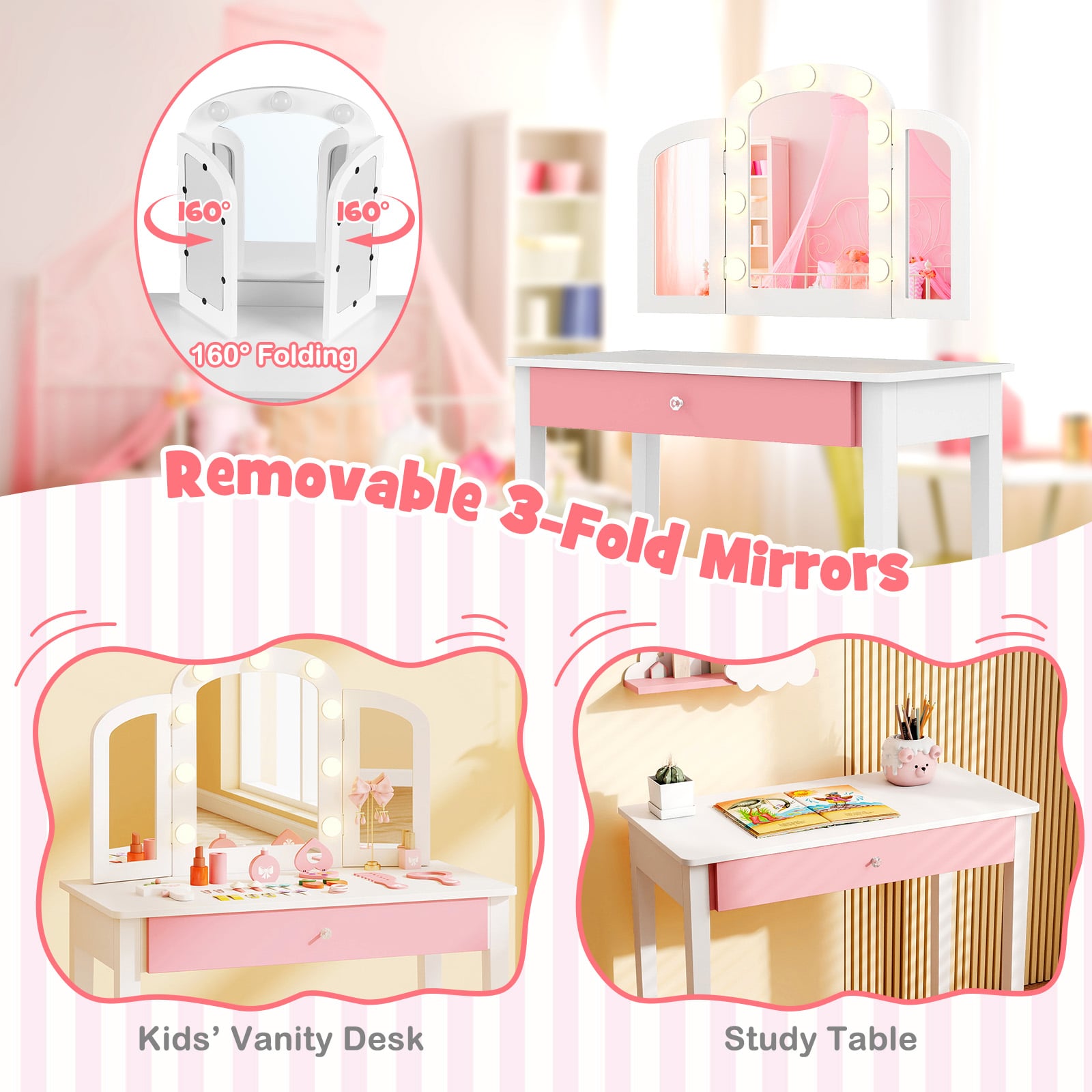 Kids Vanity Table Set With Tri-Folding Mirror, Lights, White Kids Vanities at Gallery Canada