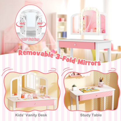 Kids Vanity Table Set With Tri-Folding Mirror, Lights, White Kids Vanities at Gallery Canada
