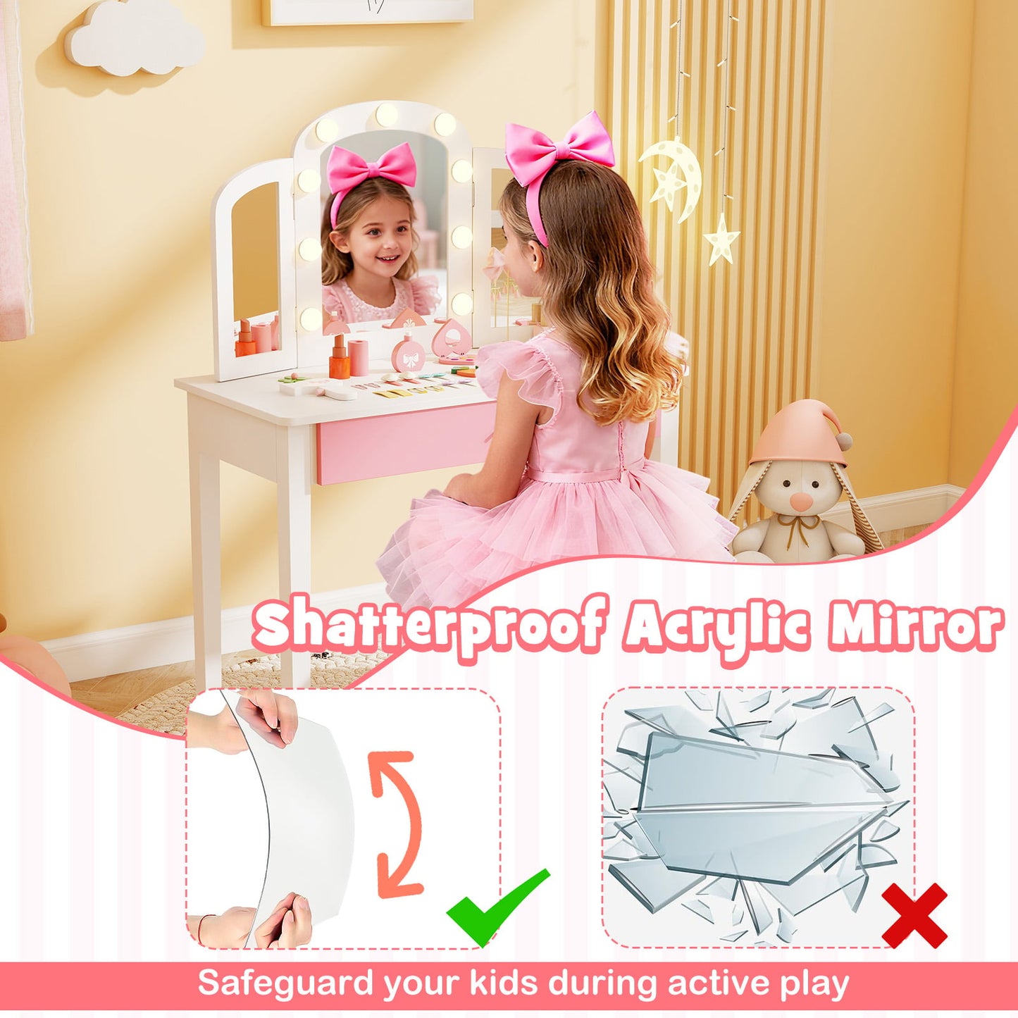 Kids Vanity Table Set With Tri-Folding Mirror, Lights, White Kids Vanities at Gallery Canada