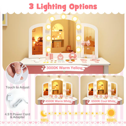 Kids Vanity Table Set With Tri-Folding Mirror, Lights, White Kids Vanities at Gallery Canada