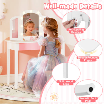 Kids Vanity Table Set With Tri-Folding Mirror, Lights, White Kids Vanities at Gallery Canada