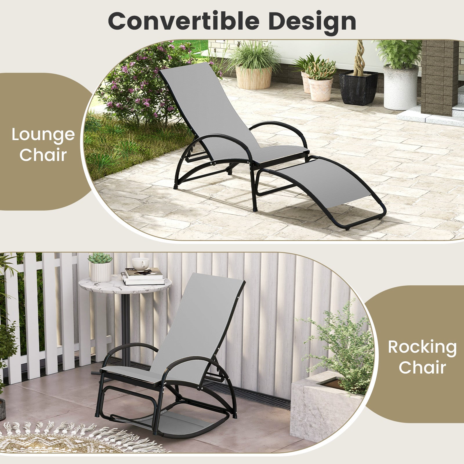 2-In-1 Outdoor Rocking Chair, 4-Position Adjustable Backrest, Gray Patio Rocking Chairs & Gliders at Gallery Canada
