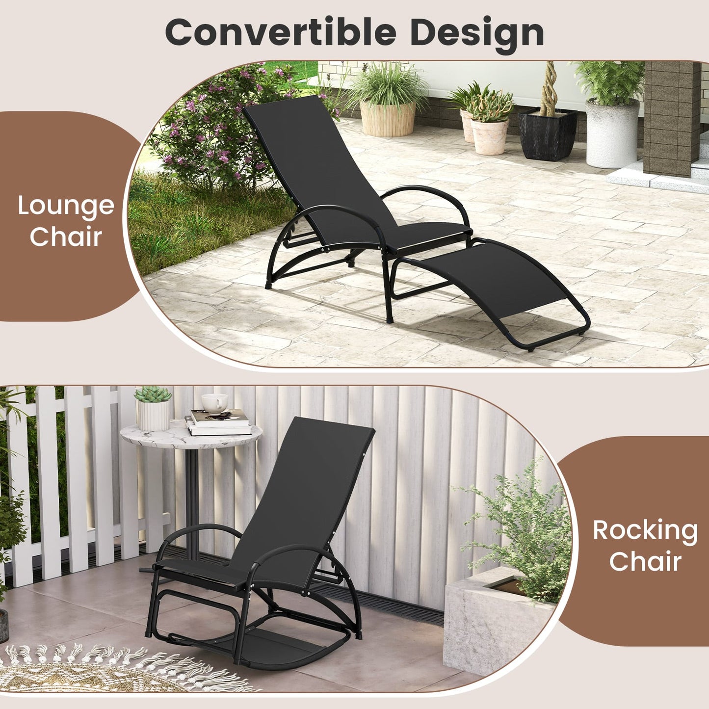 2-in-1 Outdoor Rocking Chair, 4-Position Adjustable Backrest, Black Patio Rocking Chairs & Gliders at Gallery Canada