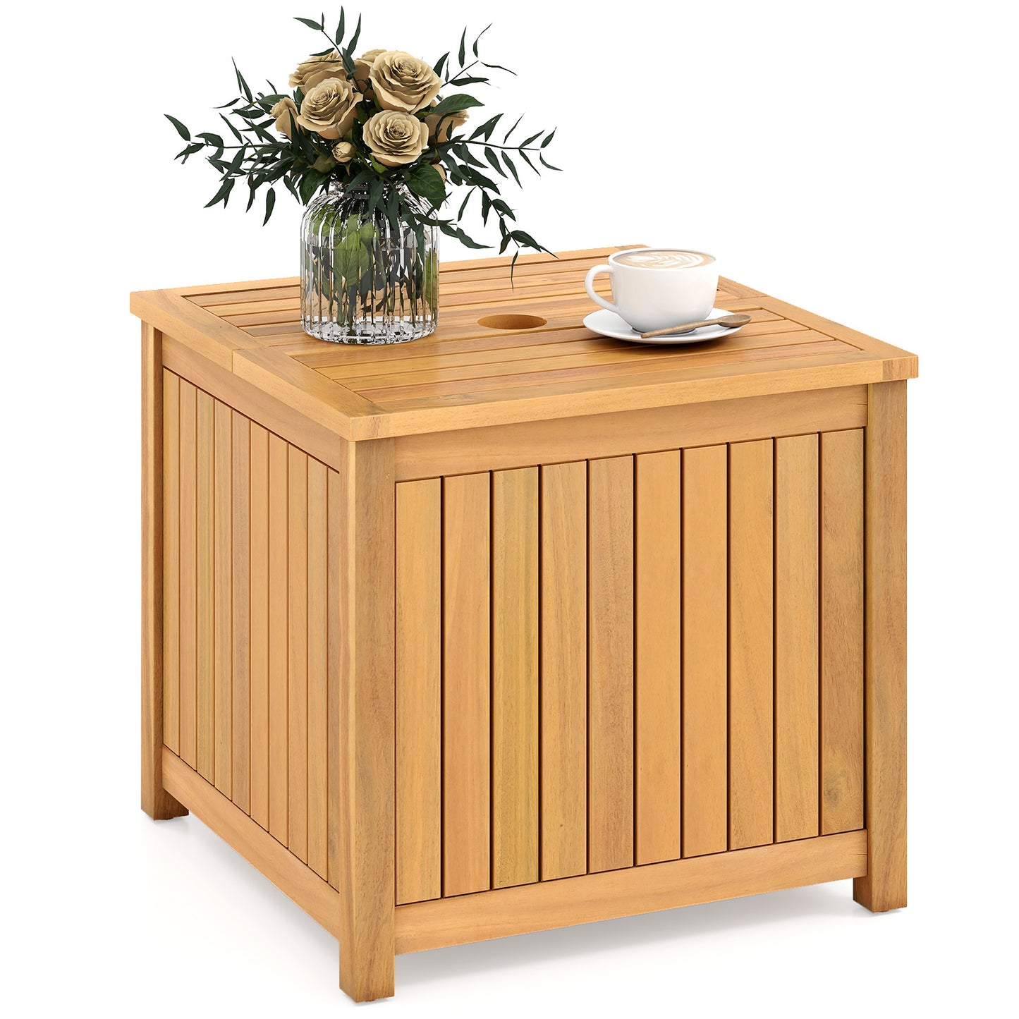 2-in-1 Outdoor Side Table with Storage Acacia Wood Slatted Coffee Table Square Slatted End Storage Box Patio Coffee Tables Options at Gallery Canada