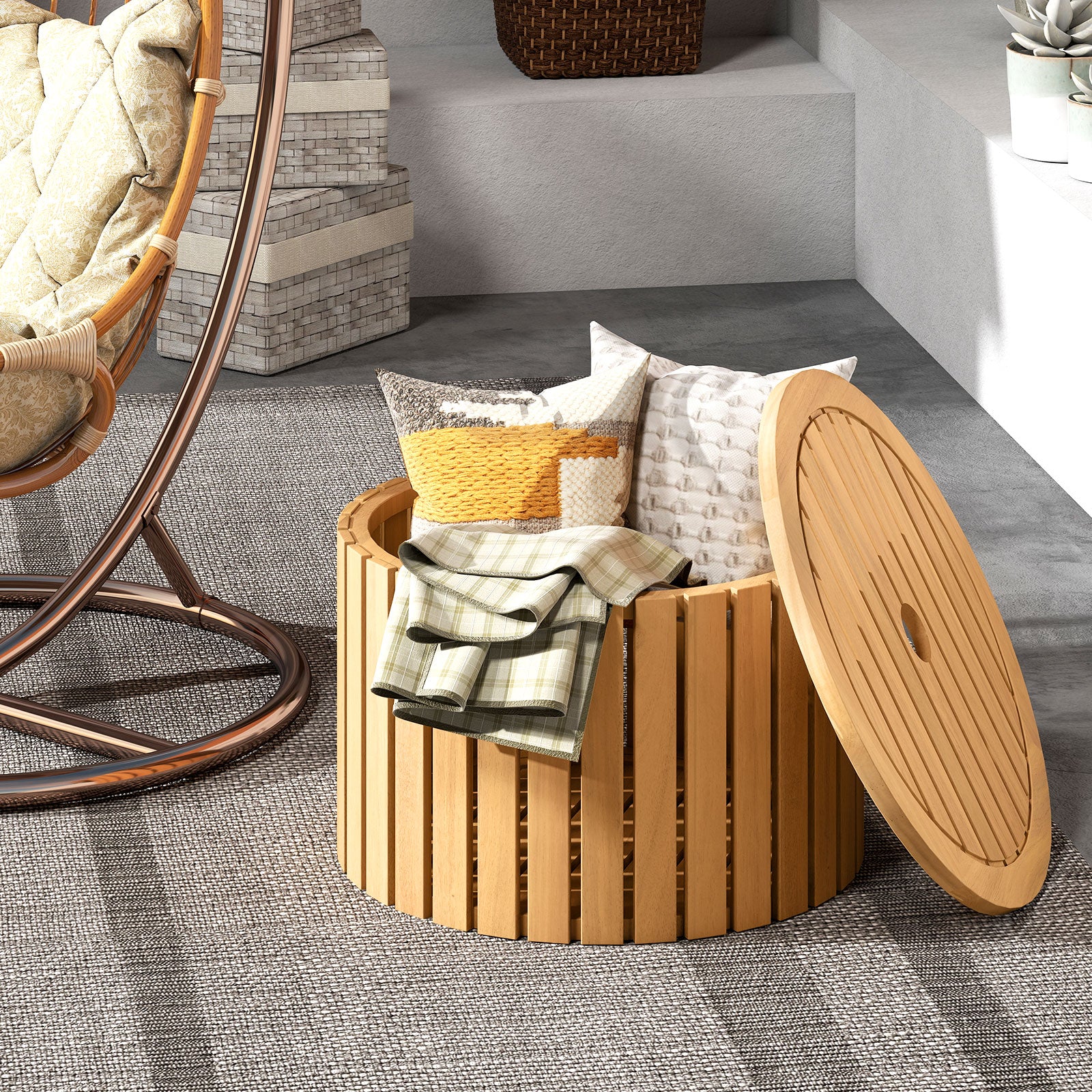 2-in-1 Outdoor Side Table with Storage Acacia Wood Slatted Coffee Table Round Slatted End Storage Box Patio Coffee Tables at Gallery Canada