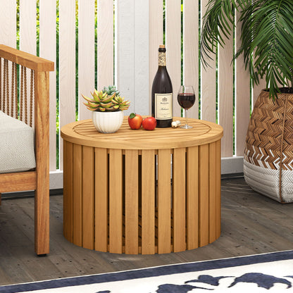 2-in-1 Outdoor Side Table with Storage Acacia Wood Slatted Coffee Table Round Slatted End Storage Box Patio Coffee Tables at Gallery Canada