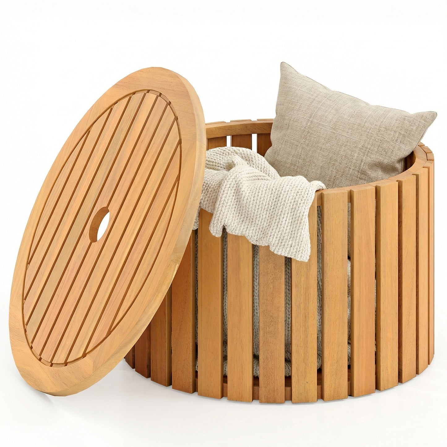 2-in-1 Outdoor Side Table with Storage Acacia Wood Slatted Coffee Table Round Slatted End Storage Box Patio Coffee Tables Options at Gallery Canada