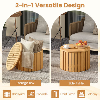 2-in-1 Outdoor Side Table with Storage Acacia Wood Slatted Coffee Table Round Slatted End Storage Box Patio Coffee Tables at Gallery Canada