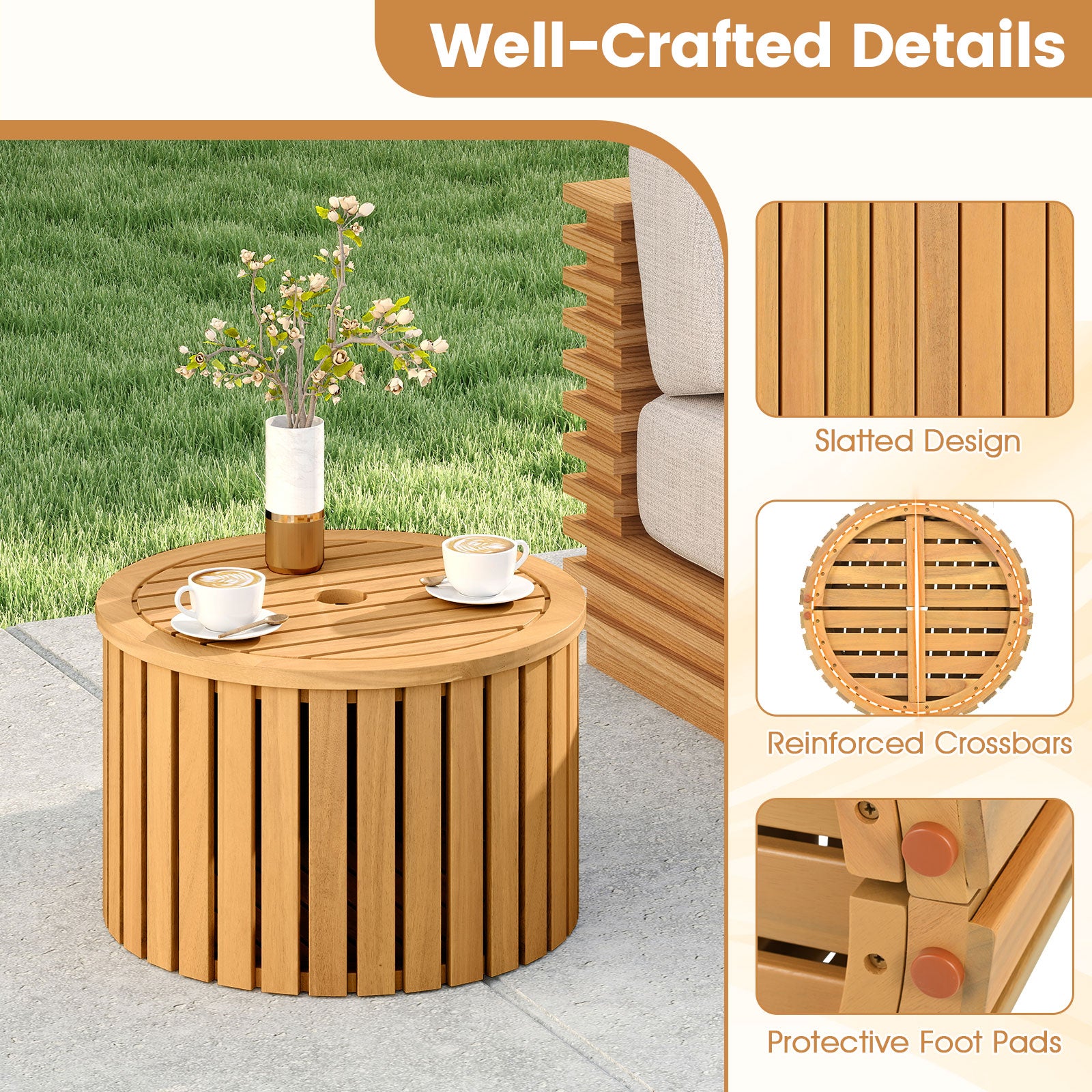 2-in-1 Outdoor Side Table with Storage Acacia Wood Slatted Coffee Table Round Slatted End Storage Box Patio Coffee Tables at Gallery Canada