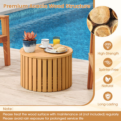2-in-1 Outdoor Side Table with Storage Acacia Wood Slatted Coffee Table Round Slatted End Storage Box Patio Coffee Tables at Gallery Canada